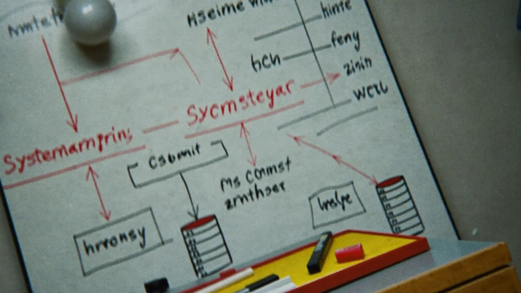 A whiteboard sketch of a system architecture in black and red marker: boxes, arrows, a queue and a database.