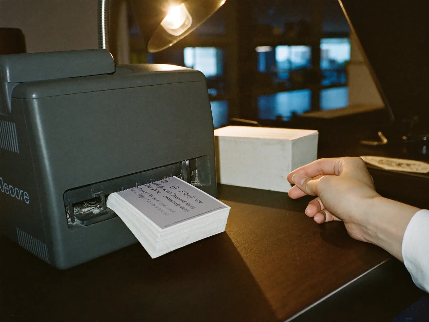 A thermal badge printer part-way through printing, a badge half-ejected, an operator's hand steadying the stack of blank stock.