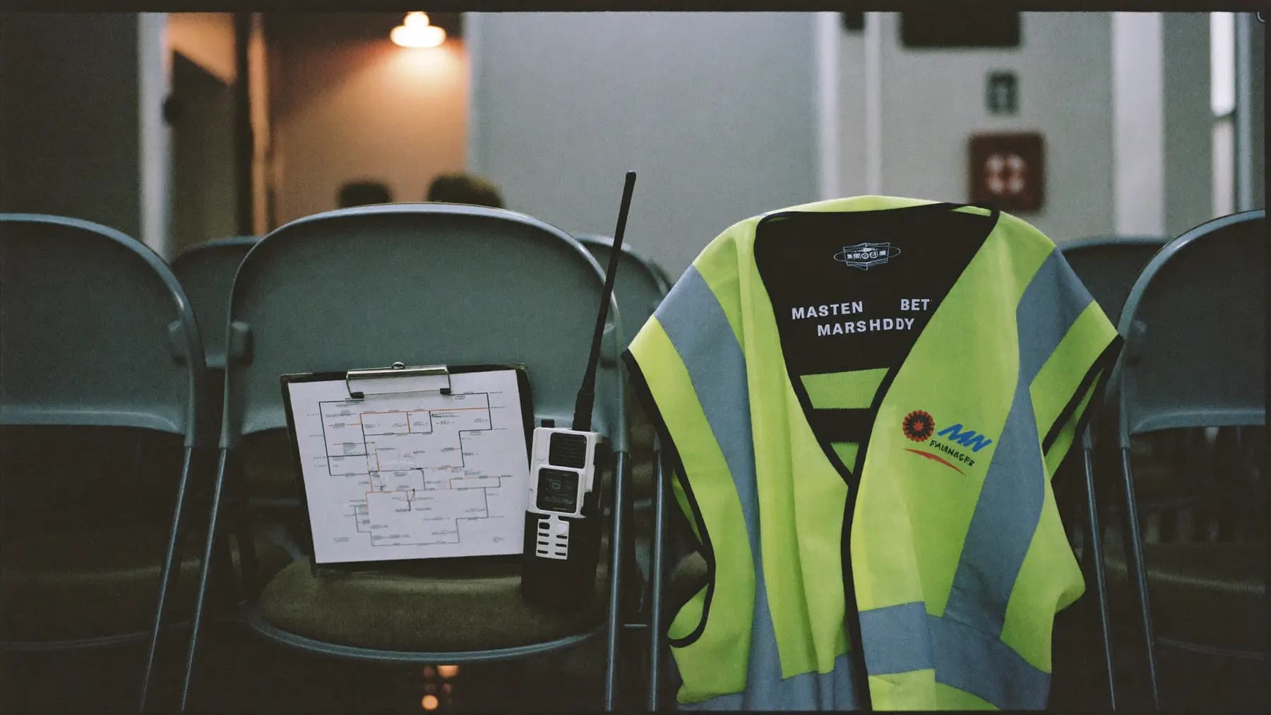 A crowd-safety marshal's position: hi-vis vest over a chair, a radio in its charging cradle, a clipboard with a floor plan.
