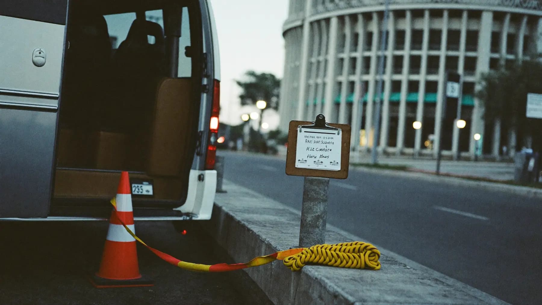 A coach parked at a convention centre kerb before sunrise with its luggage bay open, cones and a clipboard nearby.