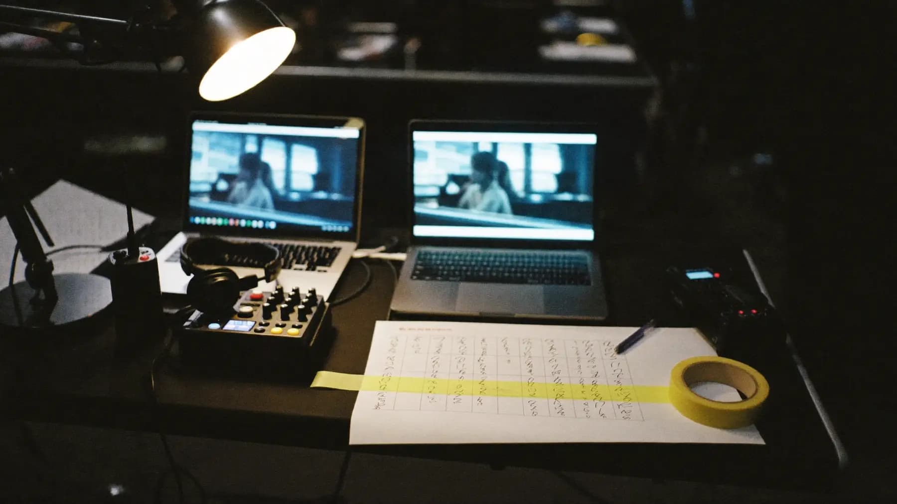 An event show-control desk mid-session: laptops, a vision mixer, comms headsets and a run-sheet marked up in pen.