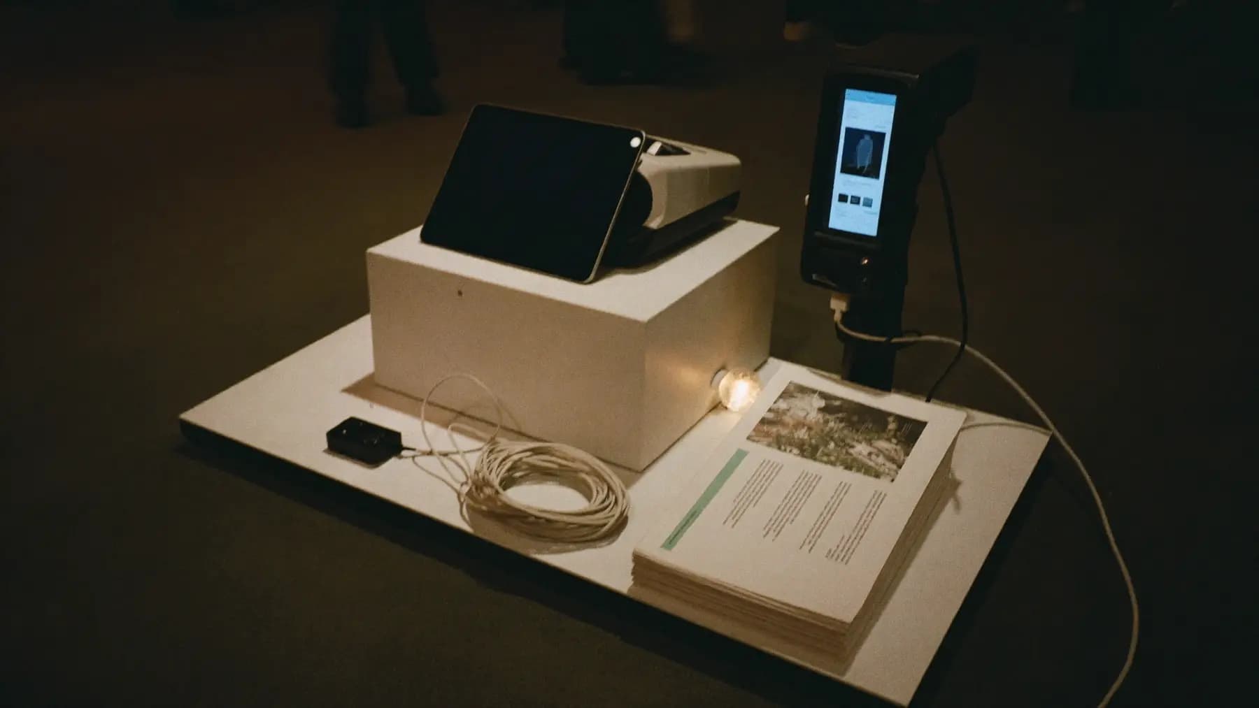 An exhibition sponsor stand after hours, a lead-capture scanner and tablet on a plinth beside stacked literature.