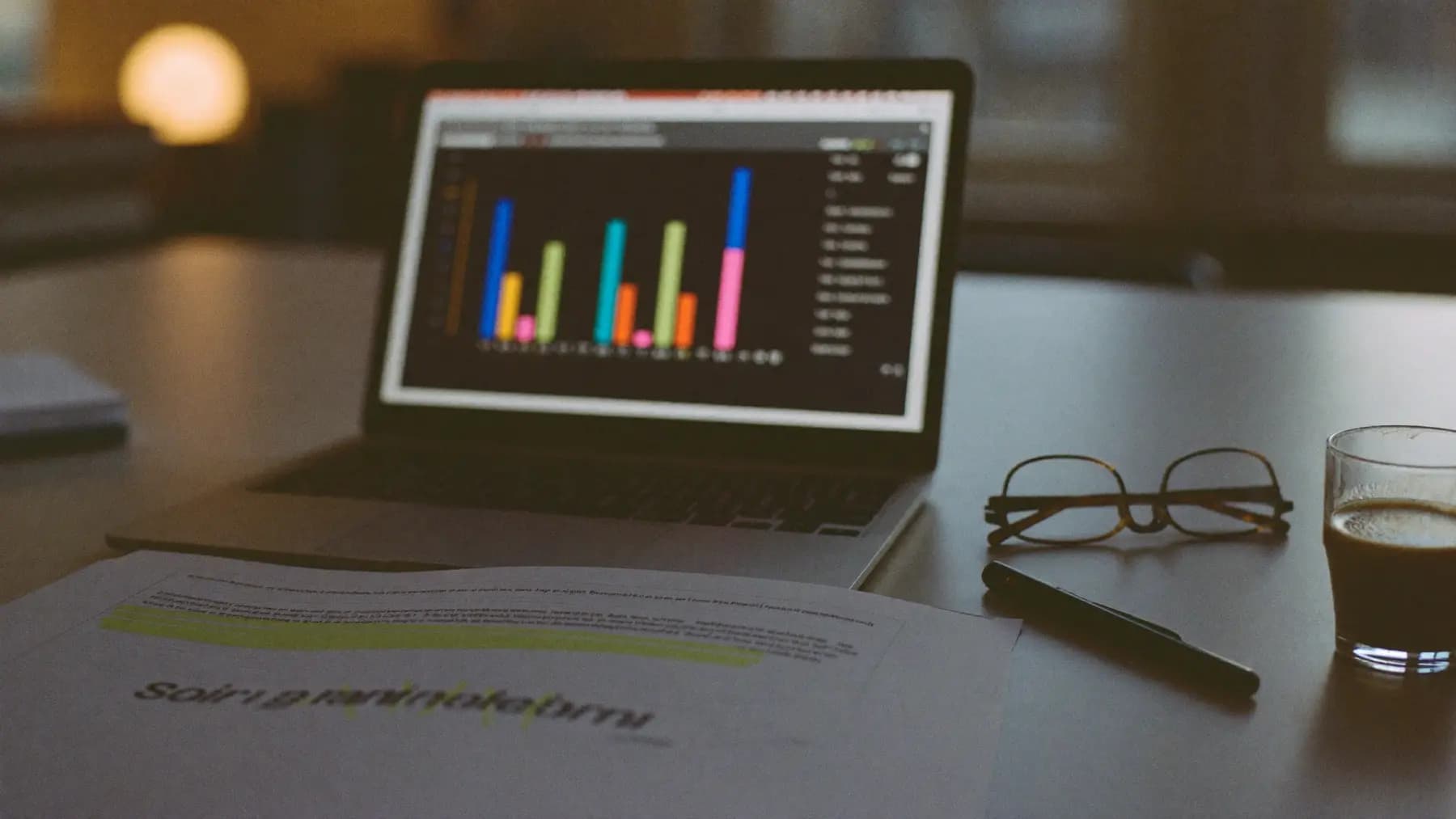 A post-event debrief table: a laptop showing a dashboard, a printed report with one row highlighted, a pen and cold coffee.