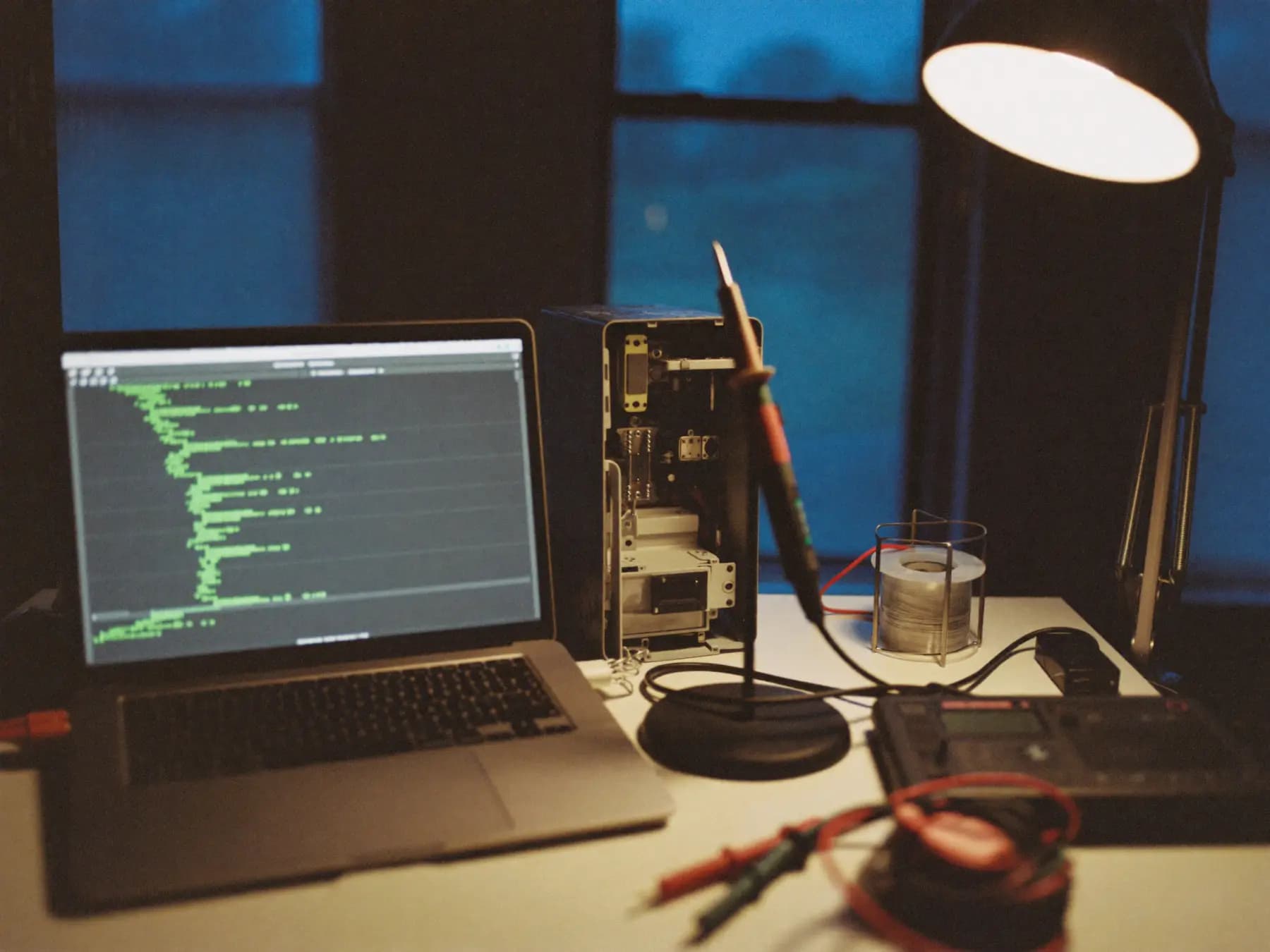 A small engineering bench at dusk: a part-disassembled rack unit, a soldering iron in its stand, a multimeter and a laptop showing terminal output.