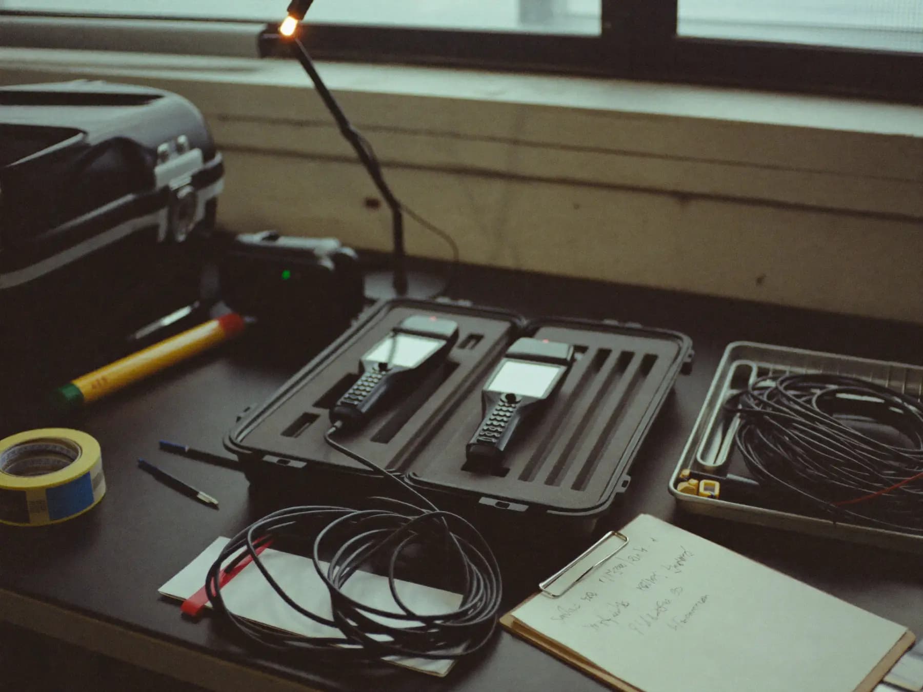 An event crew's prep bench: open flight cases with foam inserts, handheld scanners on charge, cables coiled and tied, a packing list on a clipboard.