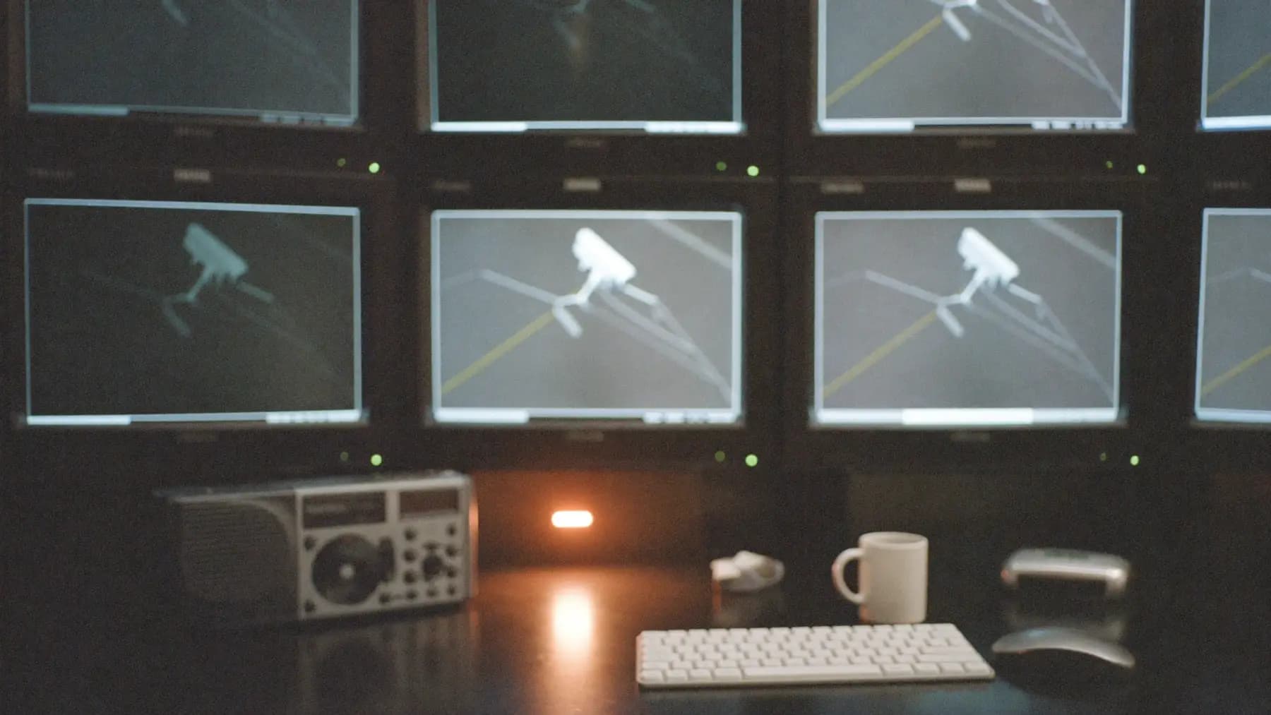 A venue security control room, a bank of CCTV monitors showing indistinct camera tiles above a keyboard and radio.